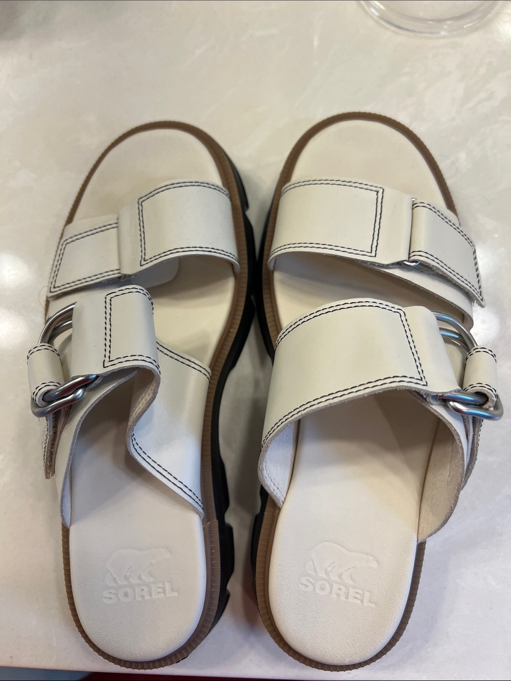 Sorel Cream Double-Strap Slide Sandals with Silver Buckles